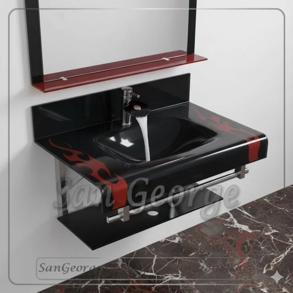 وحده حوض حمام 80 سم اسود زجاج San George Design مستورد مع ارفف و مرايا هديه