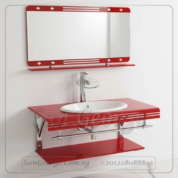 وحده حوض حمام 80 سم احمر زجاج San George Design مستورد مع ارفف و مرايا هديه