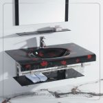 وحده حوض حمام 80 سم اسود × احمر زجاج San George Design مستورد مع ارفف و مرايا هديه