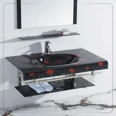 وحده حوض حمام 80 سم اسود × احمر زجاج San George Design مستورد مع ارفف و مرايا هديه