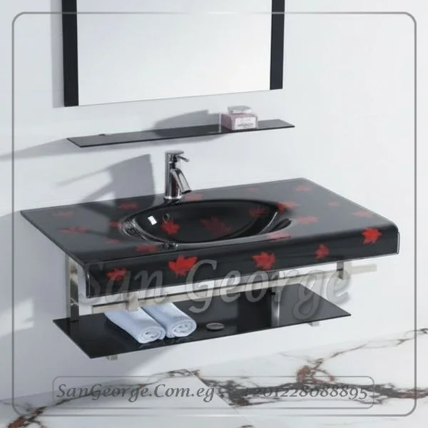 وحده حوض حمام 80 سم اسود × احمر زجاج San George Design مستورد مع ارفف و مرايا هديه