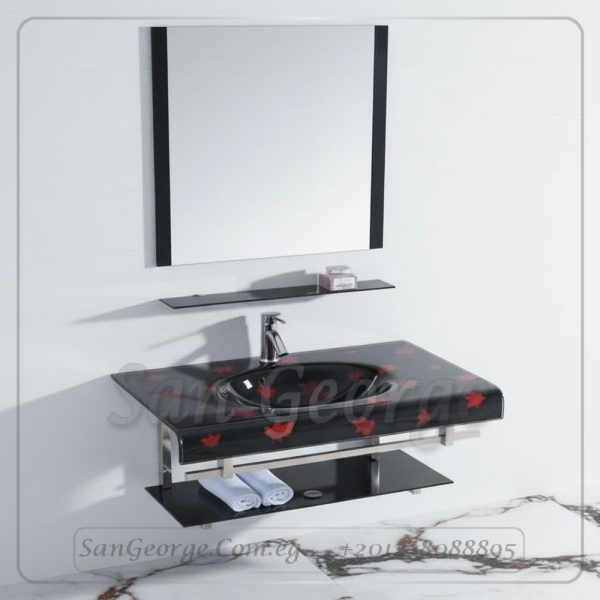 وحده حوض حمام 80 سم اسود × احمر زجاج San George Design مستورد مع ارفف و مرايا هديه