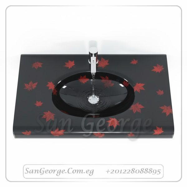 وحده حوض حمام 80 سم اسود × احمر زجاج San George Design مستورد مع ارفف و مرايا هديه