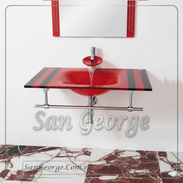 وحده حوض حمام 80 سم احمر زجاج San George Design مستورد مع ارفف و مرايا هديه