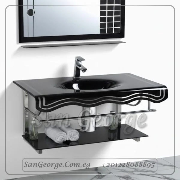 وحده حوض حمام 80 سم اسود زجاج San George Design مستورد مع ارفف و مرايا هديه