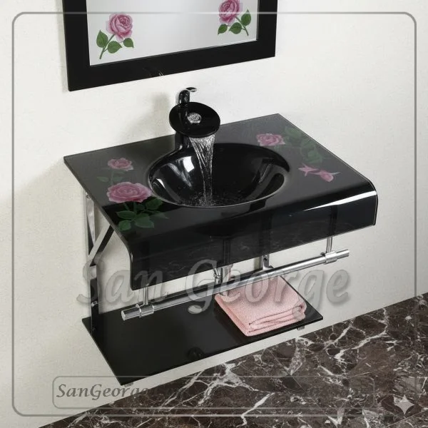 وحدة الحمام الزجاجيه 740 اسود ورد روز 80 سم معلقه  من San George Design