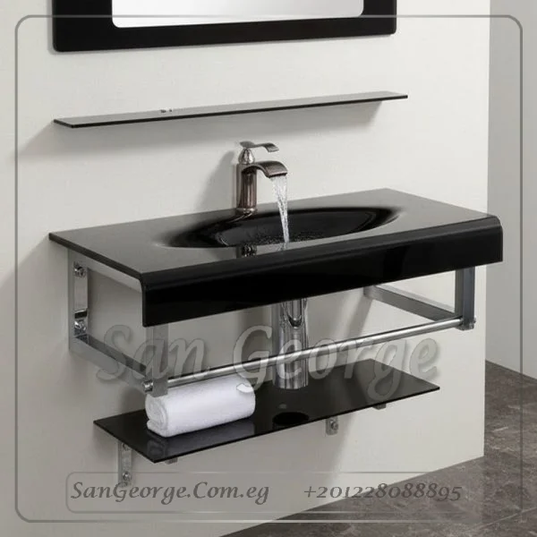 وحده حوض حمام 80 سم اسود زجاج San George Design مستورد مع ارفف و مرايا هديه