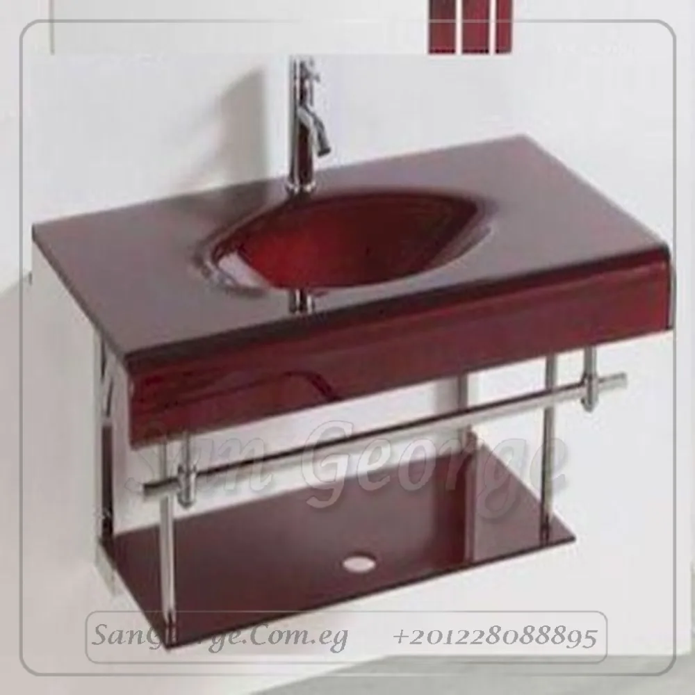 90 Wood Red وحده حوض حمام احمر خشب زجاج 60 سم معلقه  من San George Design