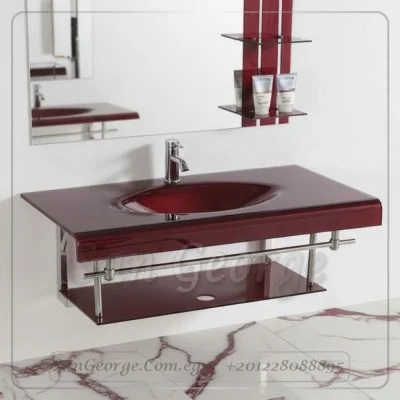 90 Wood Red وحده حوض حمام احمر خشب زجاج 60 سم معلقه  من San George Design