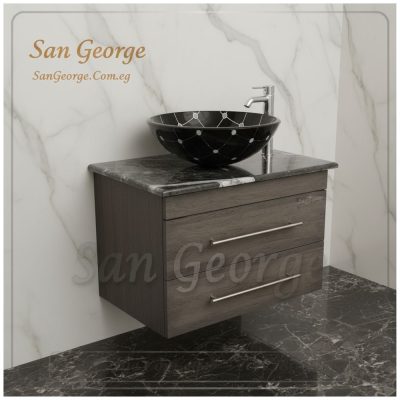 Marble Vanity Unit Glass Basin Wood Br-Mar-Blk-045