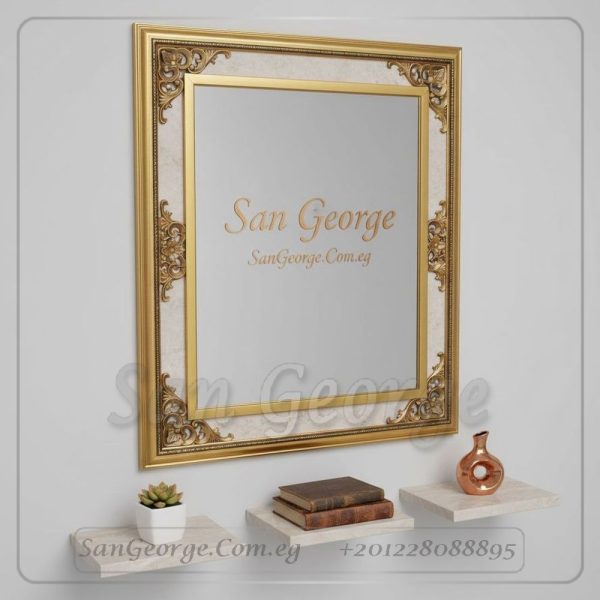 مرآة حمام بإطار رخامي فني مضيء 80×60 سم (Illuminated Artistic Marble Frame Mirror 80x60 cm)