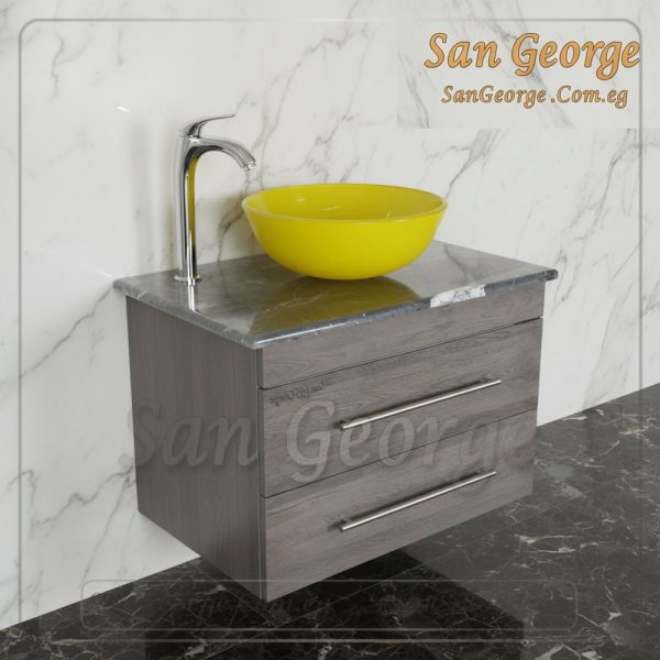 Marble Vanity Unit Glass Basin Wood Br-Mar-Blk-010
