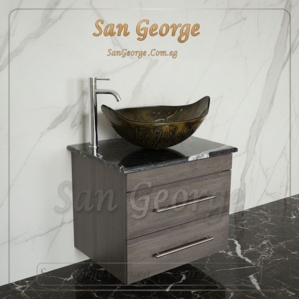 Marble Vanity Unit Glass Basin Wood Br-Mar-Blk-017