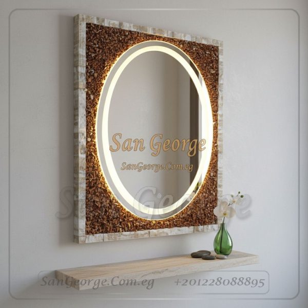 مرآة حمام بإطار رخامي فني مضيء 80×60 سم (Illuminated Artistic Marble Frame Mirror 80x60 cm)
