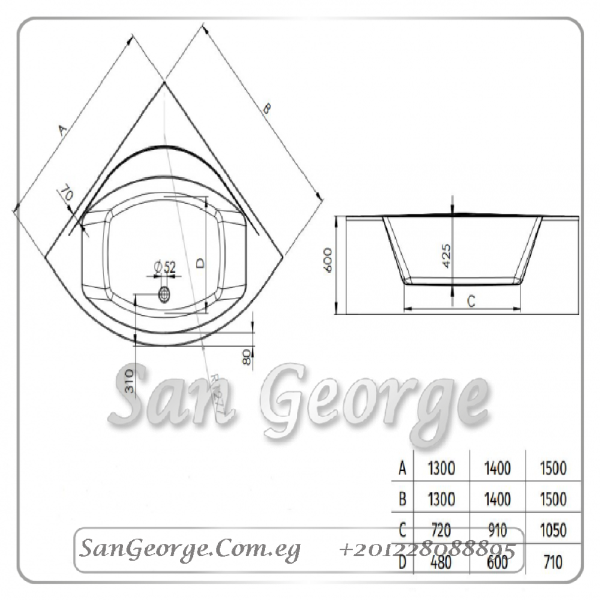 Superior سوبيريور 130×130 بانيو بالجانب قطعة واحدة من سانيبيور