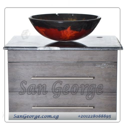 Marble Vanity Unit Glass Basin Wood Br-Mar-Blk-024