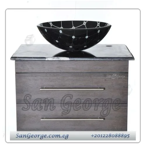 Marble Vanity Unit Glass Basin Wood Br-Mar-Blk-045