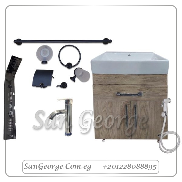 عرض وحده خشب بالخلاط + طقم اكسسورات + شاور بانيل + شطافة