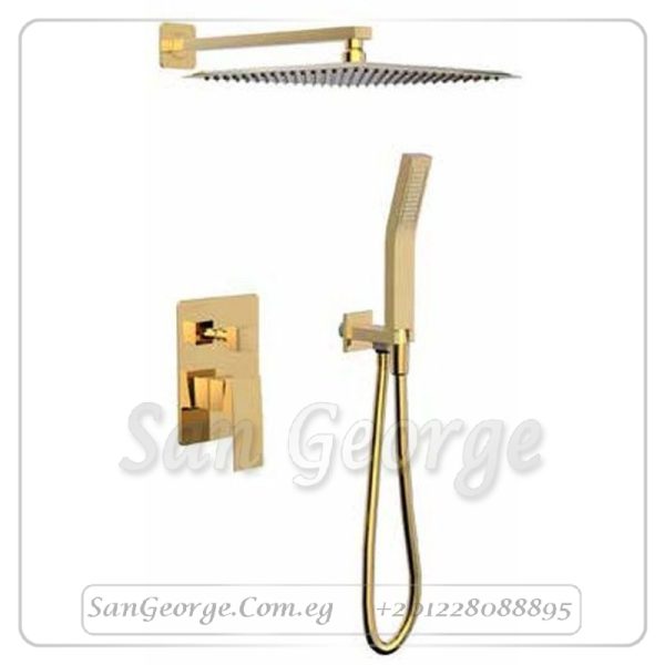 طاسة شاور جواد 30*30 سم مربعة دفن بالسماعة و وش دفن بالمحول بدون مخرج سفلي ذهبي EBOX-00222PVG