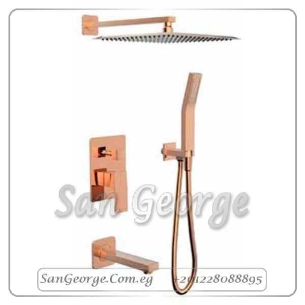 طاسة شاور جواد 30*30 سم مربعة دفن بالسماعة ومخرج سفلي و وش دفن بالمحول روز جولد EBOX-00223PVR