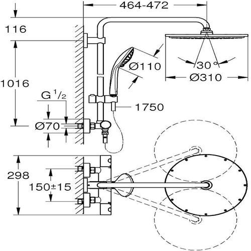ايفوريا طقم دش كامل بالعامود والطاسة ذهبي Gr- 26075GL0 جروهي Grohe