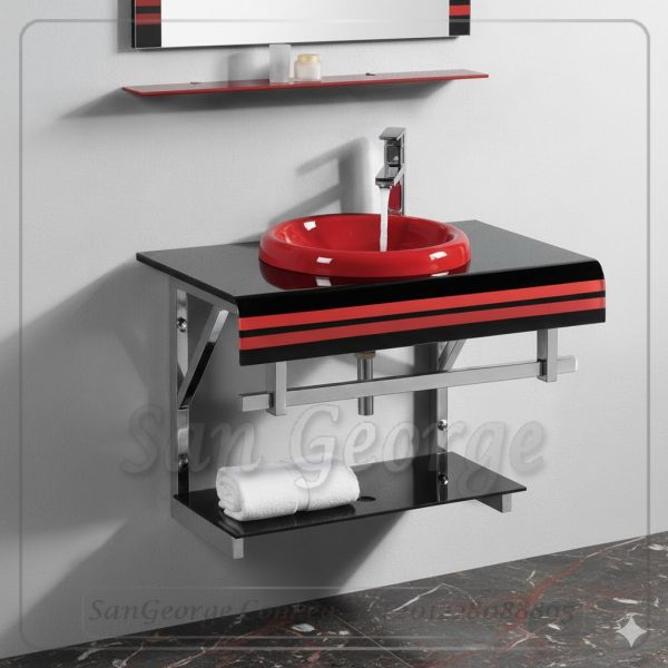 وحده حوض حمام 80 سم 321  اسود × احمر زجاج San George Design مستورد مع ارفف و مرايا هديه