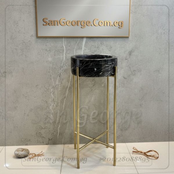 حوض رخام أسود مع ستاند متكامل بـ 4 جوانب ذهبية 40 سم | San George Design