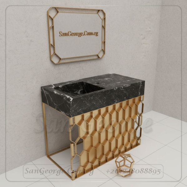 حوض رخام أسود بحامل خلية النحل ستانلس ذهبي 60×100 | San George Design