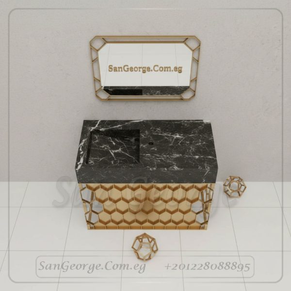 حوض رخام أسود بحامل خلية النحل ستانلس ذهبي 60×100 | San George Design