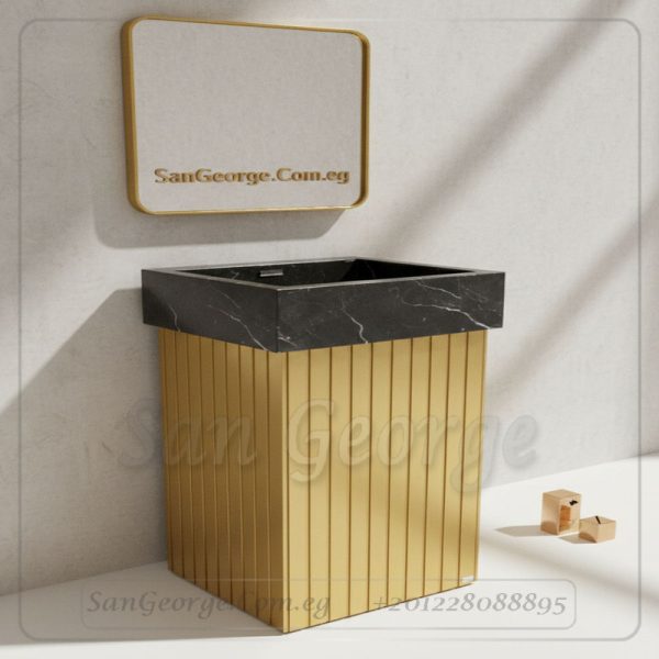 حوض جراند بوكس رخام إسباني أسود بحامل ستانلس ذهبي 90×60 | San George Design