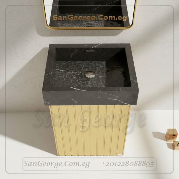 حوض جراند بوكس رخام إسباني أسود بحامل ستانلس ذهبي 90×60 | San George Design