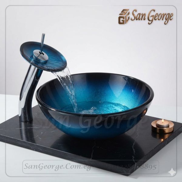 حوض حمام زجاج C-10045 من San George Design - حوض + خلاط شلال | سان جورج مصر